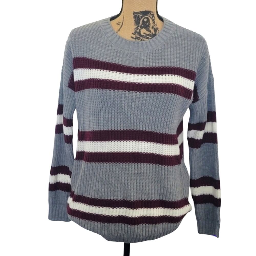 SO Large striped knit sweater, round neck, grey burgundy and white stripes